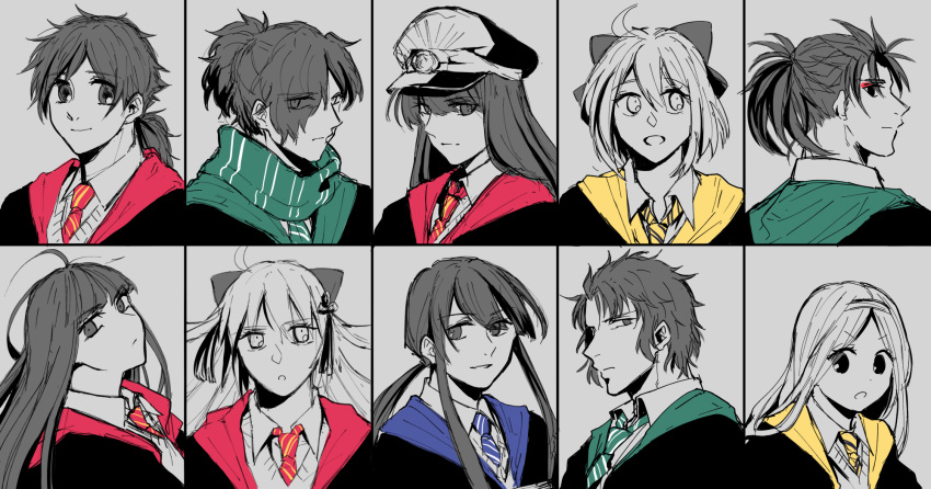 5boys 6+girls ahoge chacha_(fate/grand_order) character_request fate/grand_order fate_(series) glaring hat highres hijikata_toshizou_(fate/grand_order) long_hair looking_at_viewer masaki_(star8moon) military_hat multiple_boys multiple_girls necktie oda_nobunaga_(fate) okada_izou_(fate) okita_souji_(fate) okita_souji_(fate)_(all) oryuu portrait sakamoto_ryouma_(fate) scarf uniform