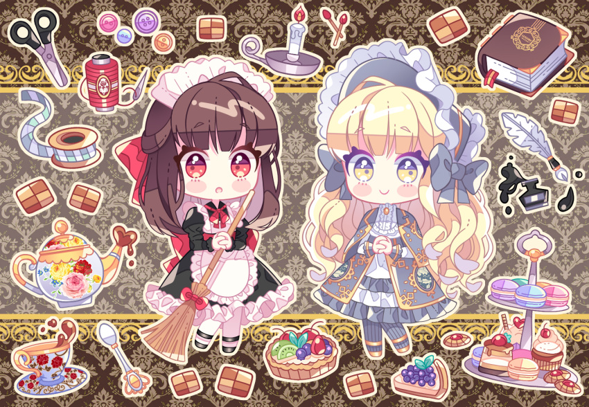 2girls :o apron bangs black_dress black_footwear blonde_hair blueberry blunt_bangs blush_stickers book bookmark brown_hair burning buttons cake candle capelet checkerboard_cookie chibi closed_mouth cookie cup cupcake dress eyebrows_visible_through_hair fire food frilled_apron frills fruit grey_capelet grey_dress grey_legwear ie_(nyj1815) ink inkwell juliet_sleeves kiwi_slice kiwifruit long_hair long_sleeves macaron maid maid_apron maid_headdress matches multiple_girls needle original pantyhose parted_lips pie puffy_sleeves quill red_eyes ribbed_legwear saucer scissors sewing_needle slice_of_cake smile spoon tea teacup teapot thread tiered_tray white_apron white_legwear yellow_eyes