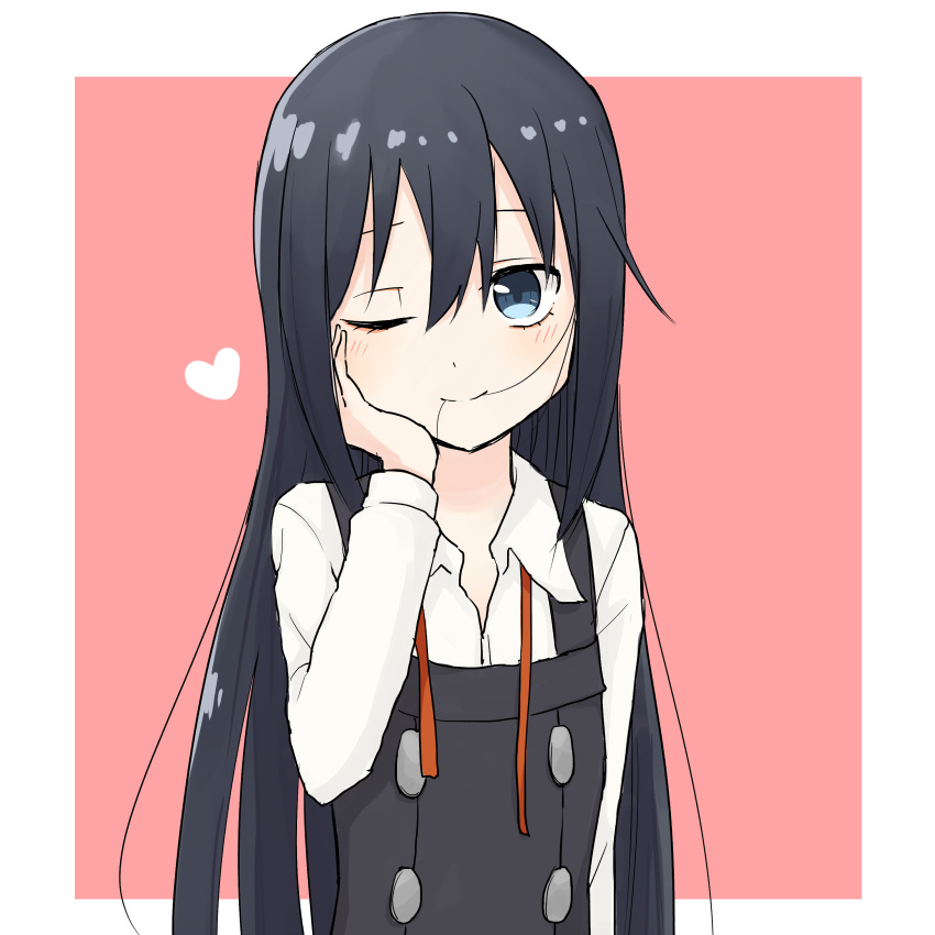 ;) absurdres asashio_(kantai_collection) black_hair blue_eyes dress hair_between_eyes hair_in_mouth hand_on_own_cheek heart highres kantai_collection long_hair long_sleeves looking_at_viewer neck_ribbon one_eye_closed pinafore_dress red_ribbon remodel_(kantai_collection) ribbon school_uniform shirt smile spica1476 upper_body white_shirt