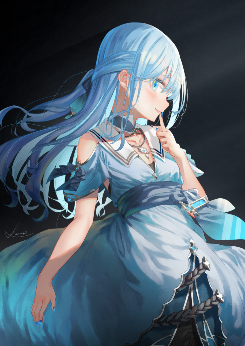 1girl bangs blue_dress blue_eyes blue_hair blue_nails blue_ribbon blush breasts cowboy_shot dress finger_to_mouth floating_hair hair_between_eyes hair_ribbon highres lee_(saraki) long_hair looking_at_viewer nail_polish original ribbon saraki shushing sidelocks signature small_breasts smile solo