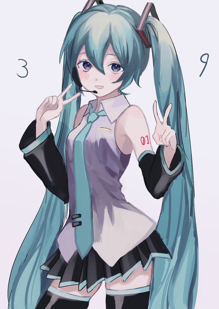 1girl 39 :d black_skirt blue_eyes blue_hair blue_neckwear commentary cowboy_shot detached_sleeves grey_background grey_shirt hair_between_eyes hatsune_miku headset highres long_hair looking_at_viewer necktie number number_tattoo open_mouth p2_(uxjzz) shirt shoulder_tattoo simple_background skirt sleeveless sleeveless_shirt smile solo standing tattoo thigh-highs thighs twintails upper_body v very_long_hair vocaloid