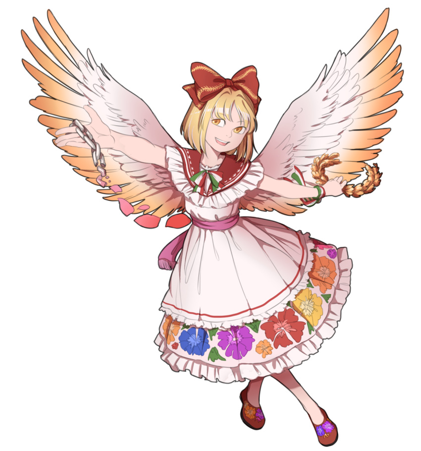 1girl angel_wings blonde_hair bow bracelet brown_footwear chains dress floral_print flower frills full_body gengetsu hair_bow hair_ribbon highres jewelry laurels looking_at_viewer lotus_land_story mefomefo open_mouth petals pink_bow red_bow ribbon short_hair short_sleeves simple_background smile solo touhou touhou_(pc-98) vest white_background white_dress wings yellow_eyes