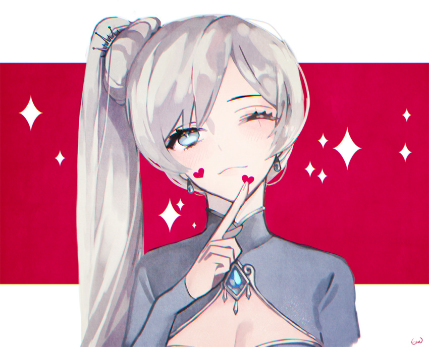 1girl ;) blue_eyes breasts cleavage earrings ecru hair_between_eyes hair_ornament head_tilt heart index_finger_raised jewelry long_hair long_sleeves looking_at_viewer one_eye_closed rwby shrug_(clothing) side_ponytail silver_hair small_breasts smile solo sparkle upper_body very_long_hair weiss_schnee