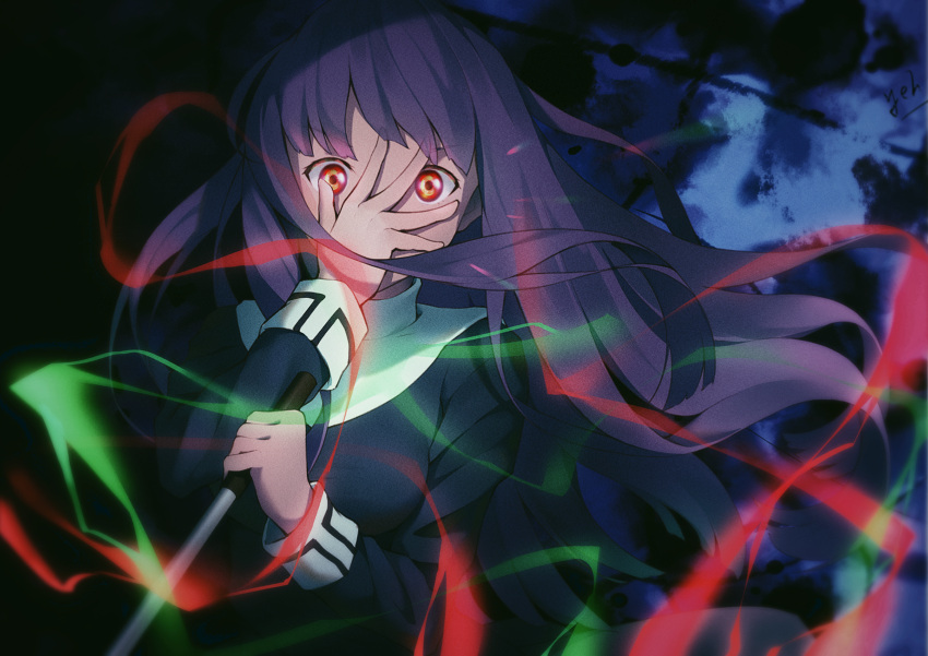 1girl asagami_fujino breasts cane covering_face energy glowing glowing_eyes highres kara_no_kyoukai long_hair medium_breasts purple_hair red_eyes signature yeh_(354162698)