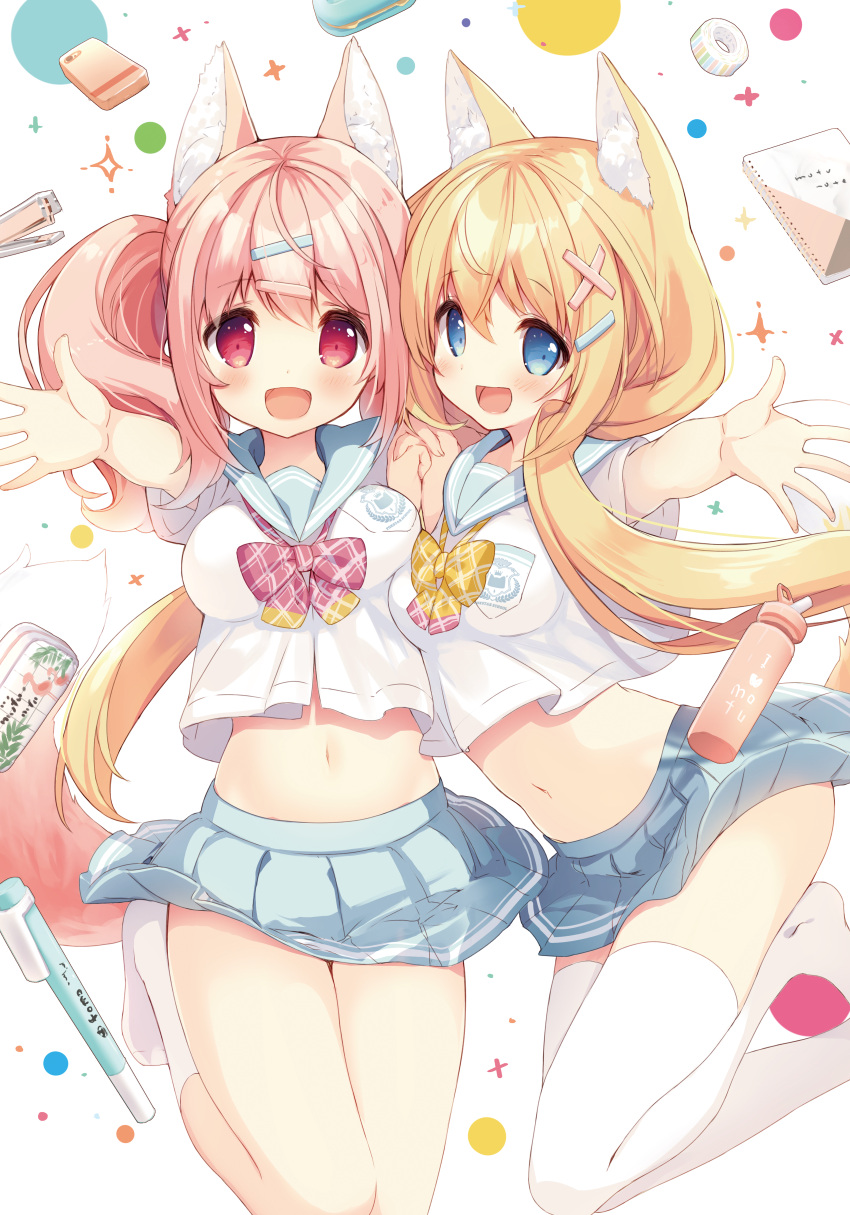 2girls :d absurdres amamiya_mei animal_ear_fluff animal_ears bangs blonde_hair blue_eyes blue_sailor_collar blue_skirt blush bow breasts character_request commentary_request eyebrows_visible_through_hair fingernails fox_ears fox_girl fox_tail hair_between_eyes hair_ornament hairclip hand_holding hand_up highres huge_filesize interlocked_fingers large_breasts long_hair looking_at_viewer midriff multiple_girls navel no_shoes open_mouth original outstretched_arm p19 pink_hair plaid plaid_bow red_bow red_eyes sailor_collar school_uniform serafuku shirt short_sleeves skirt smile socks stapler tail thigh-highs twintails very_long_hair white_background white_legwear white_shirt x_hair_ornament yellow_bow