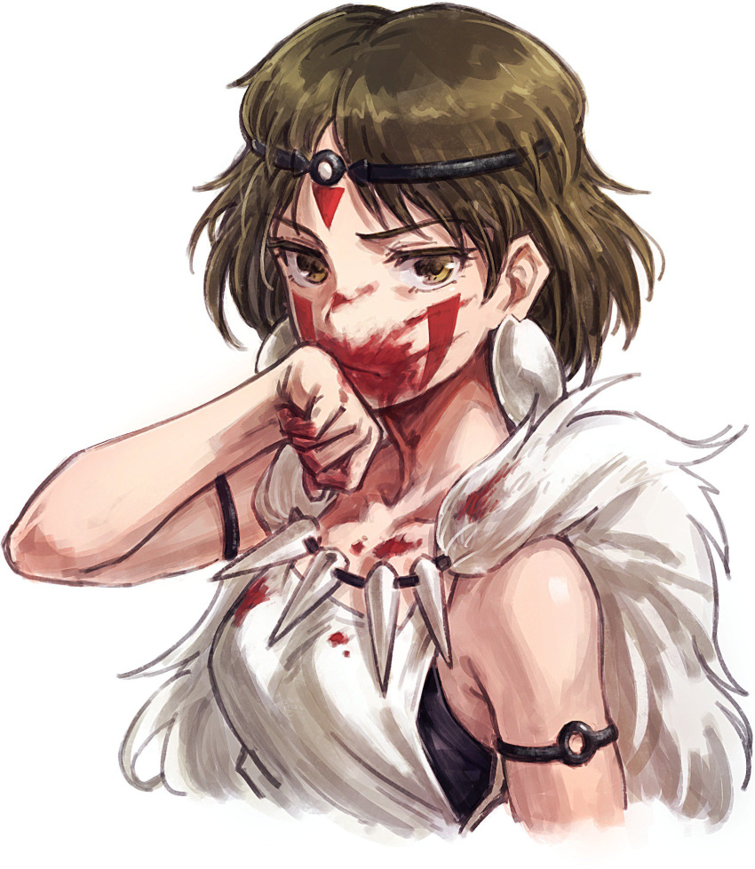 1girl armlet bangs bare_arms blood blood_on_face bloody_clothes brown_eyes brown_hair cape closed_mouth cropped_torso earrings facepaint facial_mark frown fur headband highres jewelry lain looking_at_viewer mononoke_hime nausicaa necklace san shirt short_hair simple_background sleeveless sleeveless_shirt solo studio_ghibli tooth_necklace upper_body white_background white_shirt wiping_face