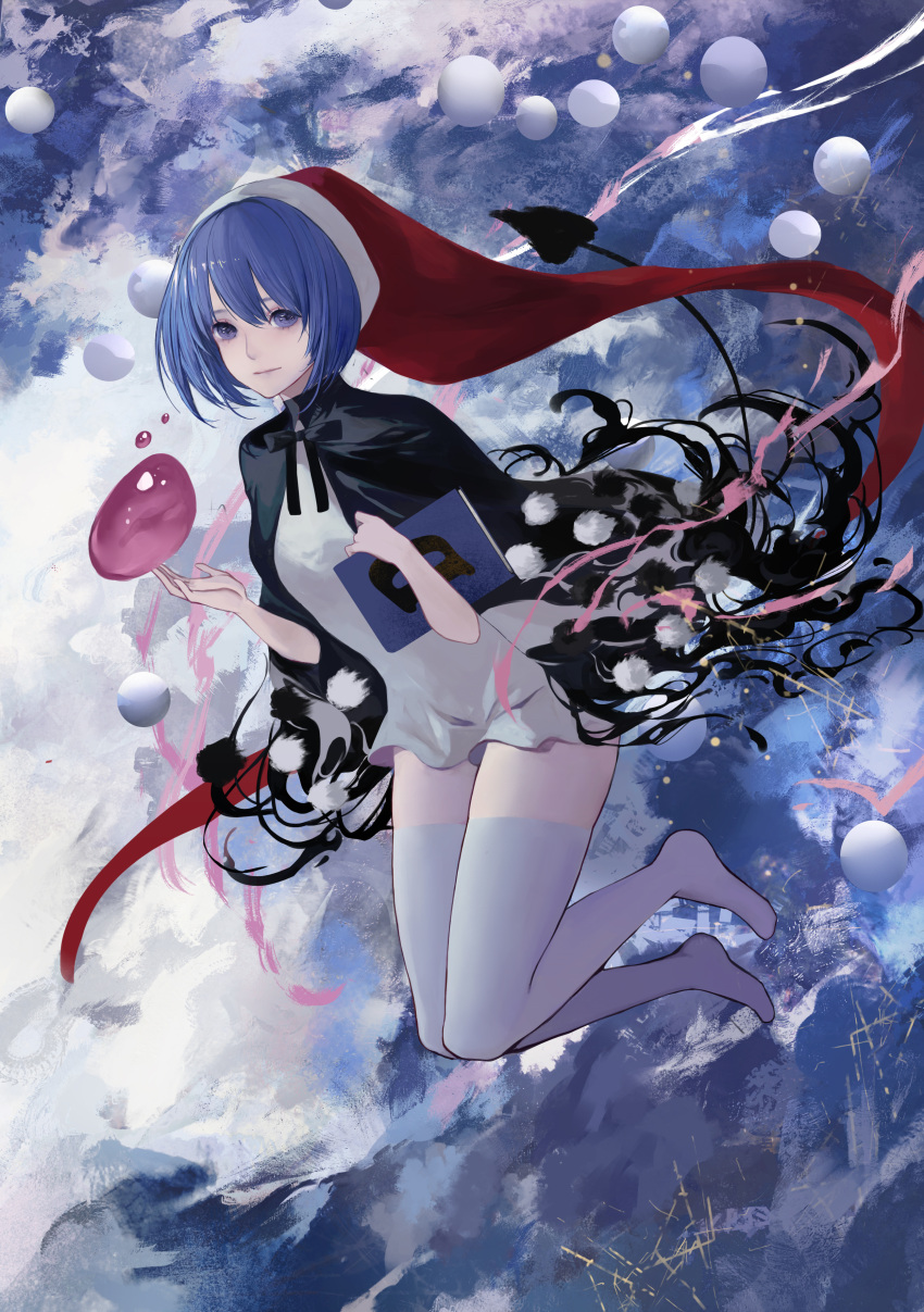 1girl abstract_background absurdres alternate_costume bangs black_bow black_cape blob blue_eyes blue_hair bob_cut book bow bowtie breasts bubble cape clouds demon_tail doremy_sweet dream_soul dress floating folded full_body hair_between_eyes hands_up hat high_collar highres holding holding_book kelou legs_up light_particles looking_at_viewer nightcap pom_pom_(clothes) red_hat shiny shiny_hair short_dress short_hair small_breasts solo swept_bangs tail tapir_tail thigh-highs touhou white_dress white_legwear zettai_ryouiki