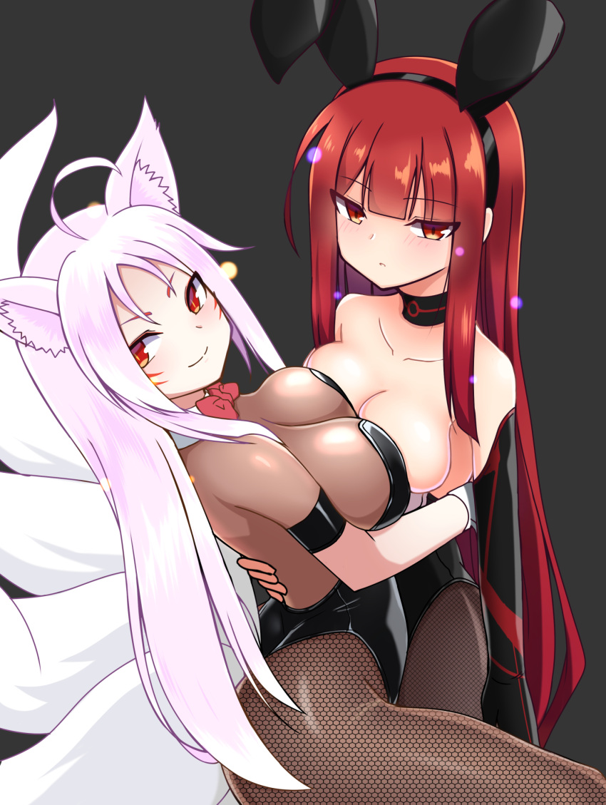 2girls ahoge alice360 animal_ears ara_han ara_han_(celestial_fox) ass bangs bare_shoulders black_background black_choker black_gloves black_leotard blunt_bangs blush bodysuit bow bowtie breast_press breasts bunny_girl bunnysuit choker cleavage crimson_avenger_(elsword) detached_collar elbow_gloves elesis_(elsword) elsword embers eun_(elsword) expressionless eyebrows_visible_through_hair fake_animal_ears fishnet_pantyhose fishnets fox_ears fox_girl fox_tail gloves highres hug large_breasts leotard long_hair looking_at_viewer looking_back multiple_girls orange_eyes pantyhose rabbit_ears red_bow red_eyes redhead single_glove slit_pupils smile strapless strapless_leotard symmetrical_docking tail very_long_hair whisker_markings white_hair wrist_cuffs