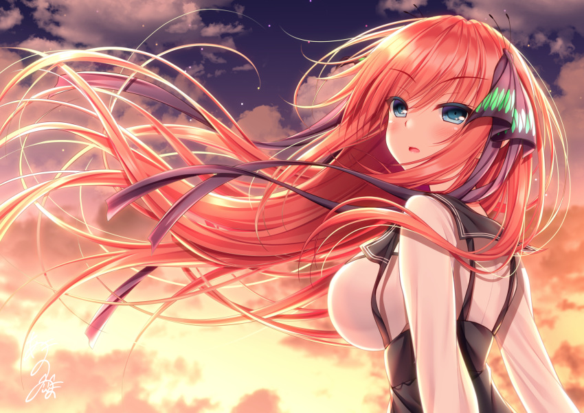 1girl bangs black_ribbon black_sailor_collar black_skirt blue_eyes blush breasts clouds cloudy_sky commentary_request eyebrows_visible_through_hair floating_hair from_side go-toubun_no_hanayome hair_between_eyes hair_ribbon high-waist_skirt highres large_breasts long_hair long_sleeves looking_at_viewer looking_to_the_side nakano_nino outdoors parted_lips redhead ribbon sailor_collar shirt signature skirt sky solo suspender_skirt suspenders two_side_up upper_body v-shaped_eyebrows very_long_hair white_shirt yunagi_amane