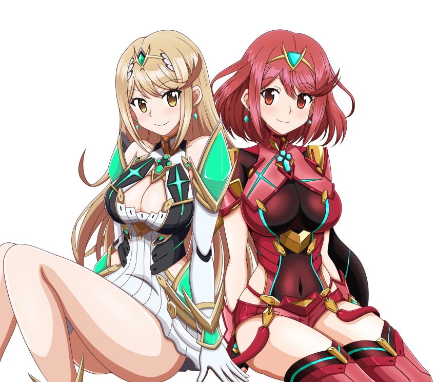 2girls armor bangs bare_shoulders blonde_hair blush breasts cleavage cleavage_cutout commentary covered_navel dress dual_persona earrings elbow_gloves eyebrows_visible_through_hair fingerless_gloves gem gloves hair_ornament headpiece highres mythra_(xenoblade) pyra_(xenoblade) jewelry kuro_hopper large_breasts long_hair looking_at_viewer multiple_girls nintendo pose red_eyes red_shorts redhead short_hair short_shorts shorts shoulder_armor simple_background smile swept_bangs thigh-highs tiara very_long_hair white_background white_dress xenoblade_(series) xenoblade_2 yellow_eyes