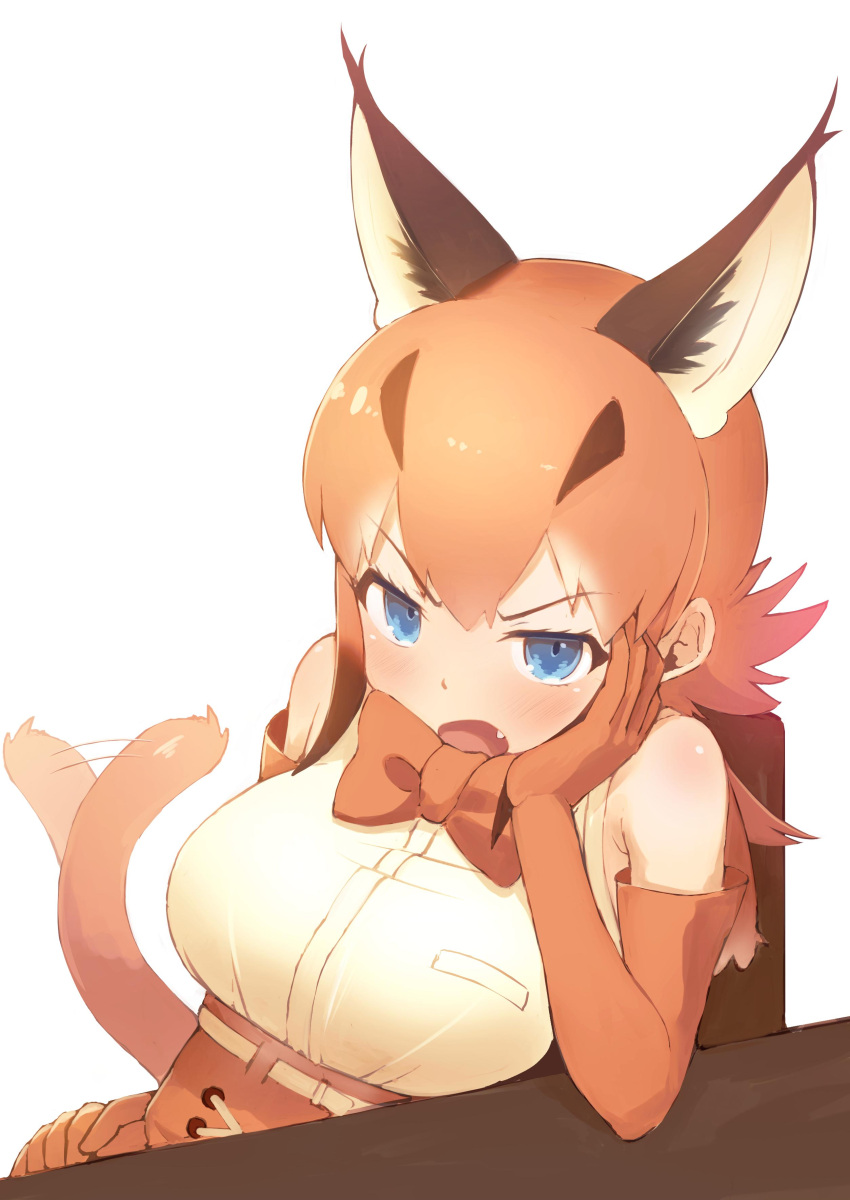 1girl absurdres afterimage bare_shoulders belt blue_eyes blush bow bowtie caracal_(kemono_friends) caracal_ears caracal_tail commentary_request deku_suke elbow_gloves elbows_on_table extra_ears eyebrows_visible_through_hair fang gloves head_on_hand high-waist_skirt highres kemono_friends light_brown_hair open_mouth short_hair skirt sleeveless solo table tail tail_wagging v-shaped_eyebrows