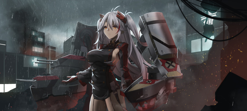 1girl antenna_hair armpit_cutout ashisi azur_lane bangs black_leotard breasts brown_eyes cannon clouds cloudy_sky commentary_request expressionless eyebrows_visible_through_hair garter_straps gloves hair_between_eyes hand_up headgear highres iron_cross large_breasts leotard light_particles lights long_hair long_sleeves looking_up multicolored_hair night outdoors pelvic_curtain prinz_eugen_(azur_lane) rain redhead revision rigging sideboob silver_hair sky solo standing streaked_hair swept_bangs two_side_up very_long_hair