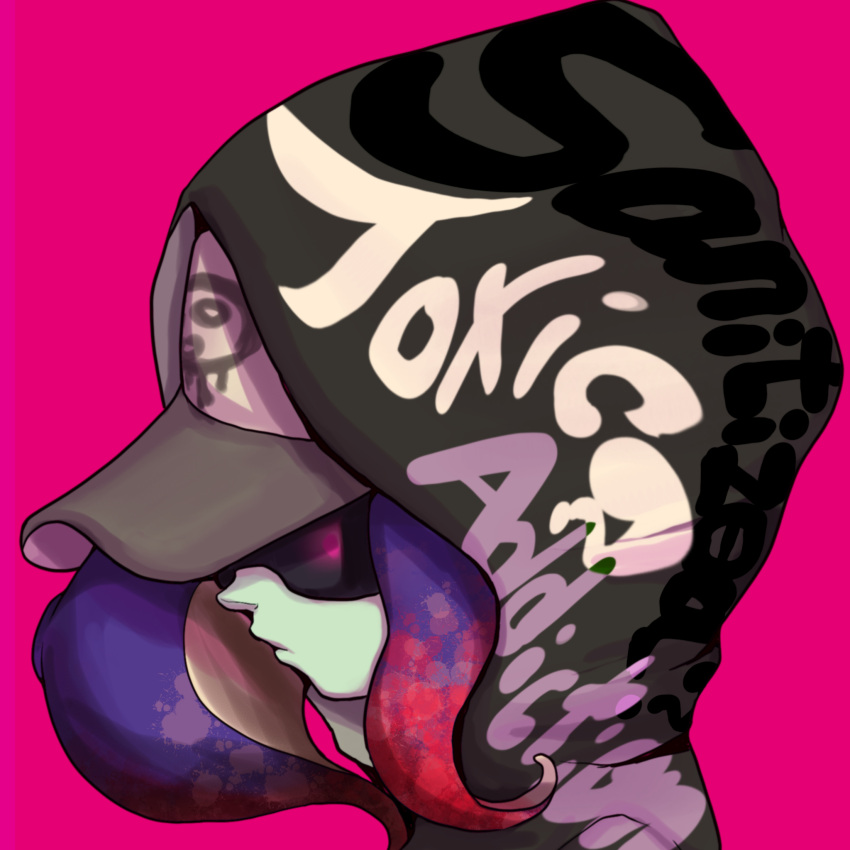 1girl baseball_cap blue_hair closed_mouth clothes_writing dedf1sh gradient_hair green_skin hat highres hitsuji_(pixiv2228990) hood hood_up long_hair multicolored_hair octarian pink_background portrait profile redhead simple_background solo splatoon splatoon_(series) splatoon_2 splatoon_2:_octo_expansion suction_cups sunglasses tentacle_hair two-tone_hair upper_body