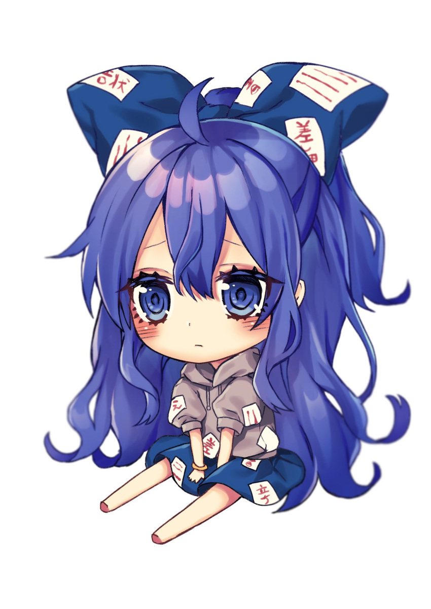 1girl ahoge bangle bangs barefoot blue_bow blue_eyes blue_hair blue_skirt blush bow bracelet chibi colored_eyelashes commentary_request debt drawstring full_body grey_hoodie hair_between_eyes hair_bow half_updo highres hood hoodie jewelry kyouda_suzuka long_hair miniskirt puffy_short_sleeves puffy_sleeves short_sleeves simple_background sitting skirt solo touhou very_long_hair white_background yorigami_shion