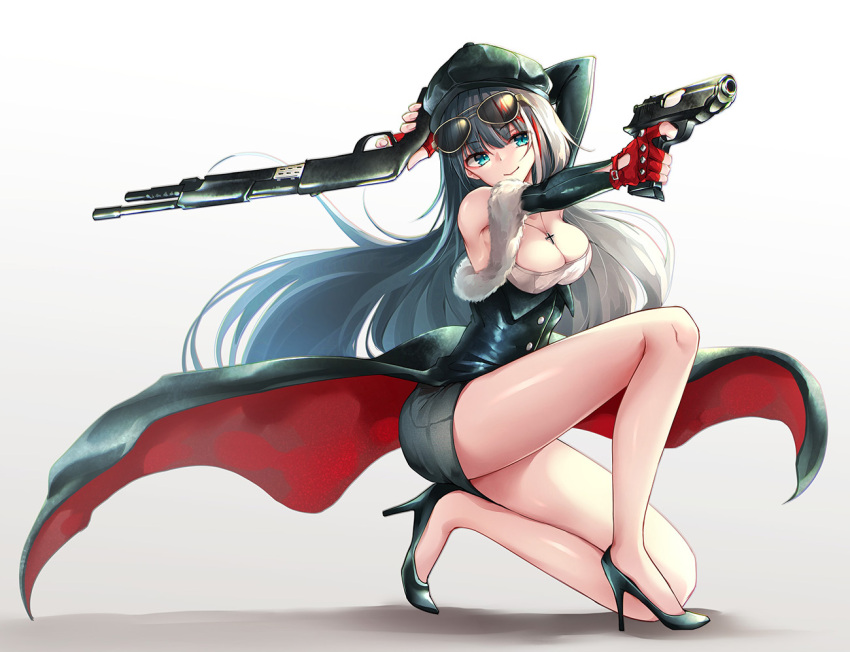 1girl arm_up azur_lane bangs bare_shoulders black_footwear black_hair black_hat black_skirt blue_eyes breasts cleavage closed_mouth commentary_request cross cross_necklace deutschland_(azur_lane) eyebrows_visible_through_hair eyewear_on_head finger_on_trigger fingerless_gloves fingernails full_body gloves gradient gradient_background grey_background gun hair_between_eyes handgun hat head_tilt high_heels holding holding_gun holding_weapon jewelry large_breasts long_hair necklace one_knee oshishio outstretched_arm pistol red_gloves shoes shotgun skirt smile solo sunglasses very_long_hair weapon white_background