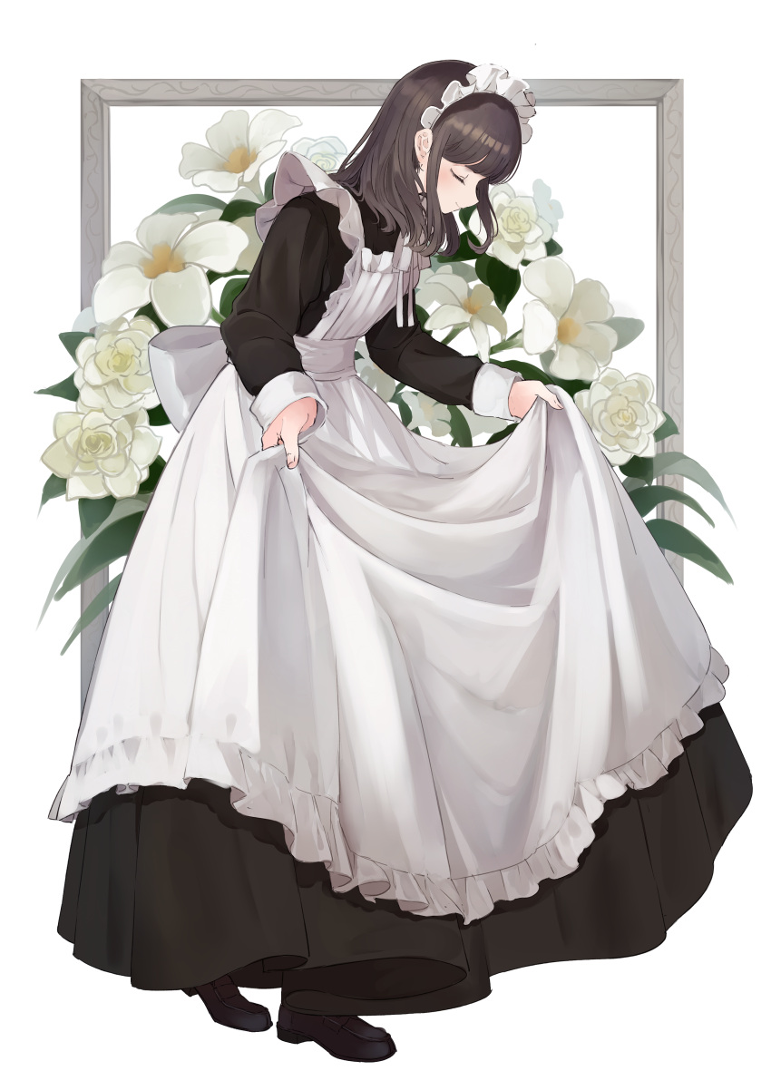 1girl absurdres apron black_dress black_footwear closed_eyes closed_mouth commentary_request dress dress_lift eyelashes flower frame frilled_apron frills full_body highres lily_(flower) long_dress long_hair long_sleeves maid maid_apron maid_headdress original profile shii_(kairi-t-k0317) shoes sidelocks simple_background smile solo standing white_apron white_background white_flower