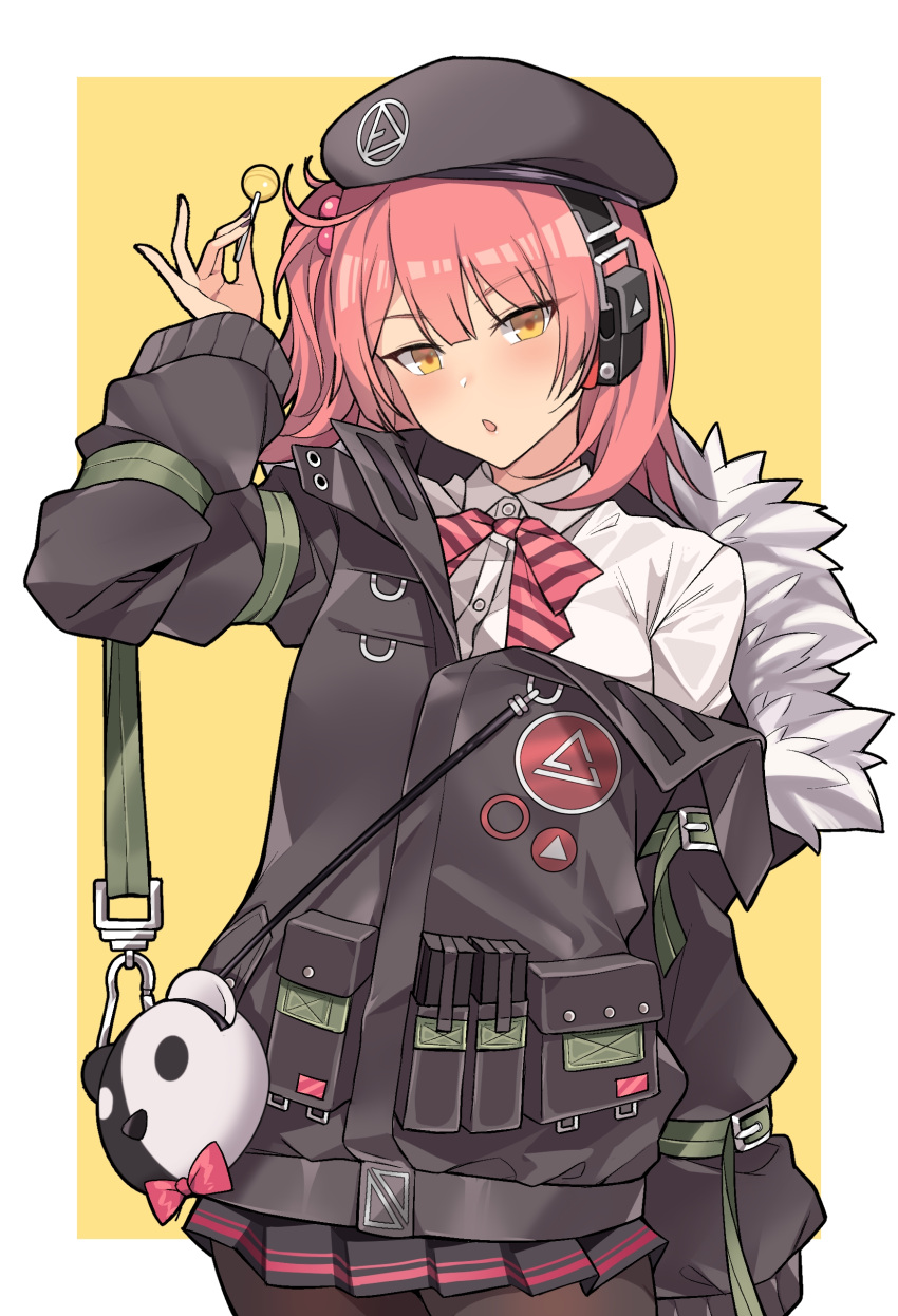 1girl absurdres badge beret black_coat black_hat black_nails black_skirt blush brown_legwear candy chestnut_mouth collared_shirt cowboy_shot dress_shirt food fur_collar girls_frontline hair_bobbles hair_ornament hand_up hat head_tilt headphones highres holding_lollipop jingo lollipop long_hair long_sleeves looking_at_viewer miniskirt mp7_(girls_frontline) nail_polish neck_ribbon off_shoulder one_side_up panda pantyhose parted_lips pink_hair pink_neckwear pleated_skirt pouch ribbon shirt skirt solo standing strap striped striped_neckwear two-tone_background white_background white_shirt yellow_background yellow_eyes