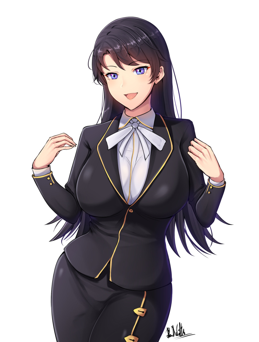 1girl :d artist_name band-width bangs black_hair black_jacket black_skirt blazer blue_eyes breasts dress_shirt eyebrows_visible_through_hair highres jacket large_breasts long_hair long_sleeves looking_at_viewer office_lady open_mouth original parted_bangs pencil_skirt shirt simple_background skirt smile solo white_background white_neckwear white_shirt