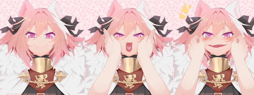 1boy animal_ears astolfo_(fate) black_ribbon blush cat_ears cheek_pull cheek_squash comic eyebrows_visible_through_hair face fang fate/apocrypha fate_(series) fur_trim hair_between_eyes hair_intakes hair_ribbon hands_on_another's_face heart heart_in_mouth looking_at_viewer multicolored_hair open_mouth out_of_frame paw_print_pattern pink_hair pov pov_hands ribbon short_hair solo_focus srinitybeast tears two-tone_hair violet_eyes watermark web_address