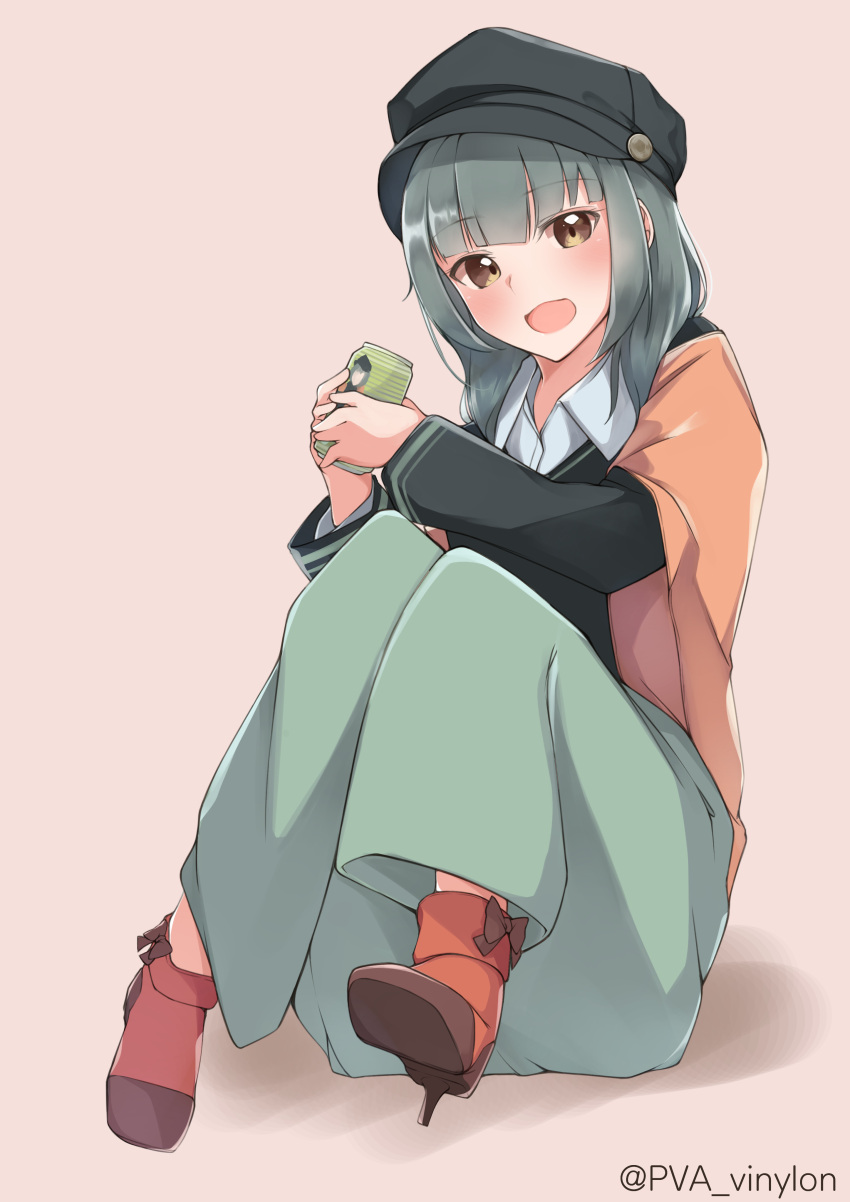 1girl absurdres alternate_costume aqua_pants black_hat black_sweater blush can eyebrows_visible_through_hair full_body green_hair grey_hair hat highres kantai_collection long_sleeves open_mouth shadow shirt sitting smile soda_can solo sweater uut white_shirt yuubari_(kantai_collection)