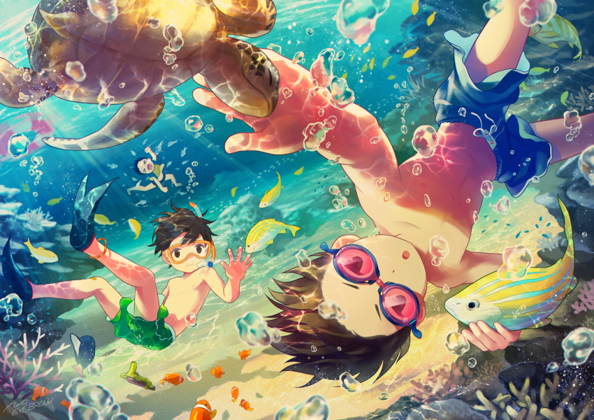 &gt;o&lt; 3boys air_bubble animal blue_hair brown_eyes brown_hair bubble chest child clownfish commentary_request coral coral_reef diving diving_mask diving_mask_on_eyes dutch_angle fish flippers freediving goggles holding_breath lifebuoy male_focus male_swimwear multiple_boys noeyebrow_(mauve) ocean ocean_bottom open_mouth original outstretched_arm sea_turtle shirtless snorkel stomach submerged swim_trunks swimming swimwear toy_gun tropical_fish turtle underwater water_gun