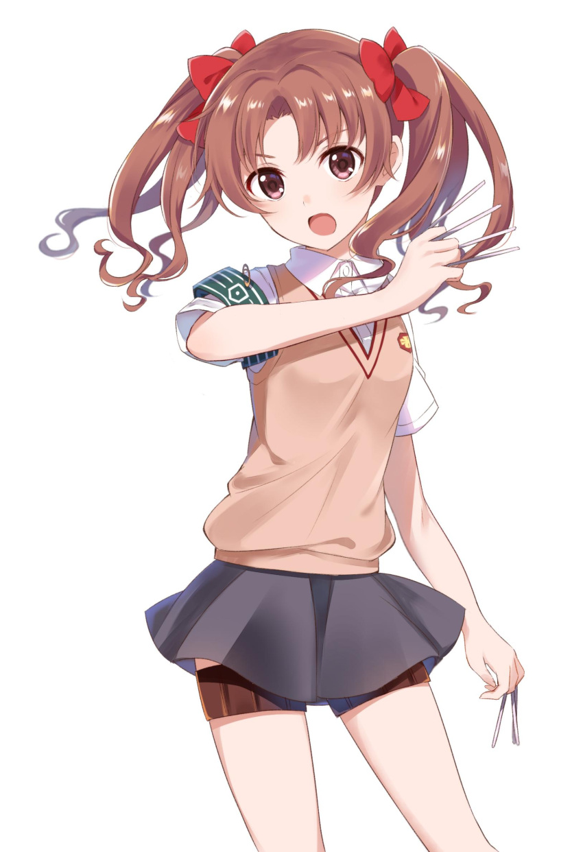1girl armband brown_eyes brown_hair commentary_request contrapposto cowboy_shot highres looking_at_viewer needle nemu_mohu open_mouth school_uniform shirai_kuroko simple_background solo sweater_vest thigh_strap to_aru_kagaku_no_railgun to_aru_majutsu_no_index tokiwadai_school_uniform twintails white_background