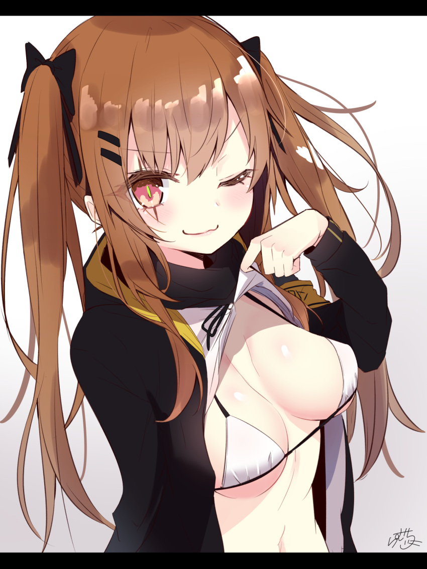 1girl ;) bangs black_bow black_jacket black_ribbon bow bra breasts brown_background brown_hair commentary_request dress_shirt eyebrows_visible_through_hair girls_frontline gradient gradient_background hair_between_eyes hair_bow hair_ornament hairclip hand_up highres hood hood_down hooded_jacket jacket letterboxed lifted_by_self long_hair long_sleeves medium_breasts navel neck_ribbon one_eye_closed open_clothes open_jacket open_shirt ramchi red_eyes ribbon shirt signature smile solo twintails ump9_(girls_frontline) underwear very_long_hair white_background white_bra white_shirt