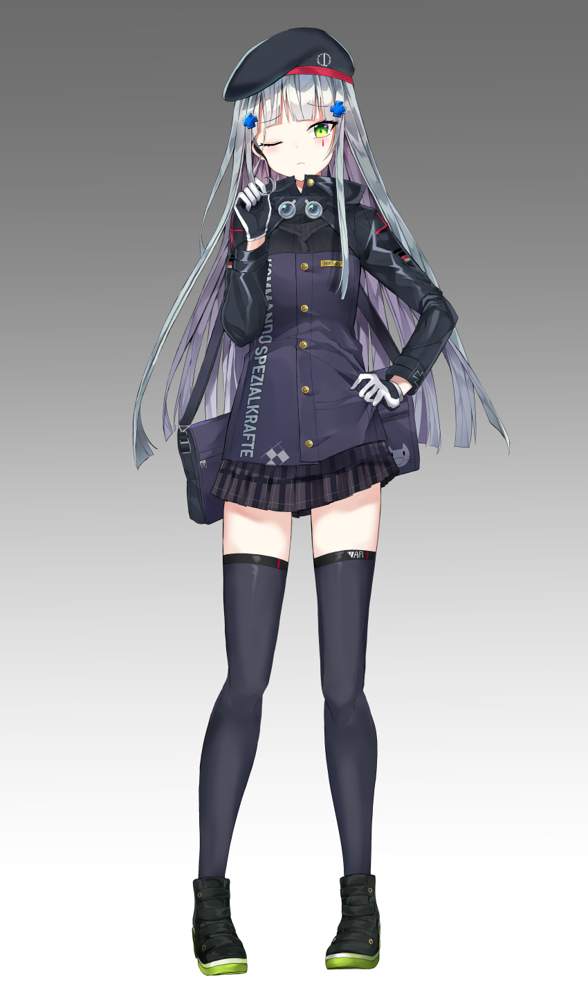 1girl ;&lt; absurdres bag bangs beret black_footwear black_hat black_legwear black_skirt blush buttons cross_hair_ornament facial_mark full_body girls_frontline gloves goggles goggles_around_neck gradient gradient_background green_eyes hair_ornament hair_twirling hand_on_hip hand_up hat highres hk416_(girls_frontline) jacket long_hair looking_at_viewer military military_uniform miniskirt miyo_(user_zdsp7735) one_eye_closed pleated_skirt purple_jacket shoes shoulder_bag sidelocks silver_hair skirt solo standing thigh-highs uniform zettai_ryouiki