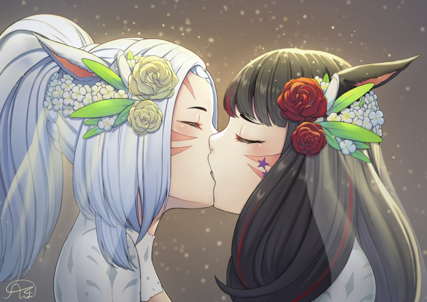 2girls andonoz animal_ears bangs black_hair blurry blurry_background blush bridal_veil bride cat_ears cat_tail close-up closed_eyes commission dress face final_fantasy final_fantasy_xiv flower gradient gradient_background hair_flower hair_ornament kiss long_hair miqo'te multicolored_hair multiple_girls ponytail profile signature streaked_hair tail two-tone_hair veil wedding wedding_dress whisker_markings white_hair wife_and_wife yuri