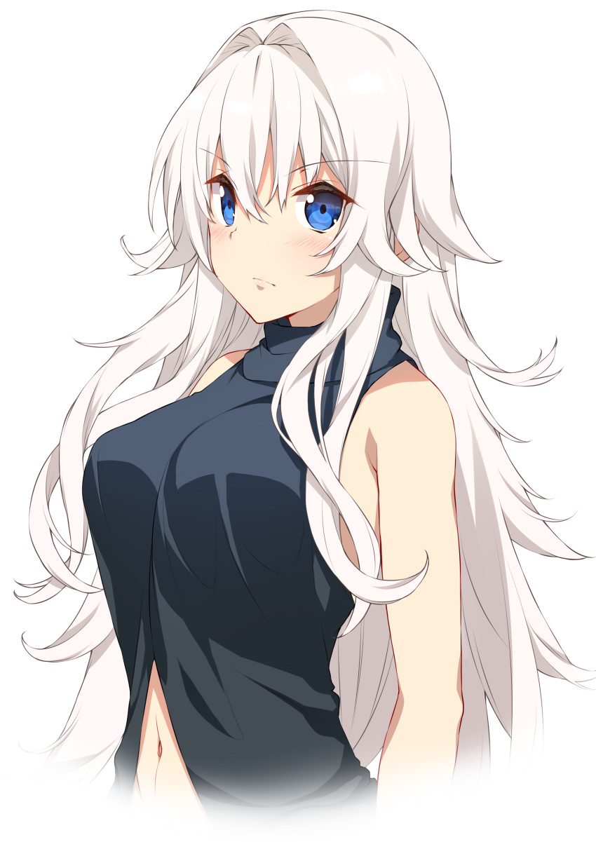 1girl absurdres bangs bare_arms bare_shoulders black_shirt blue_eyes blush breasts closed_mouth hair_between_eyes hair_intakes highres large_breasts long_hair looking_at_viewer navel original shirt sidelocks simple_background sleeveless sleeveless_shirt solo stomach turtleneck upper_body white_background white_hair yappen