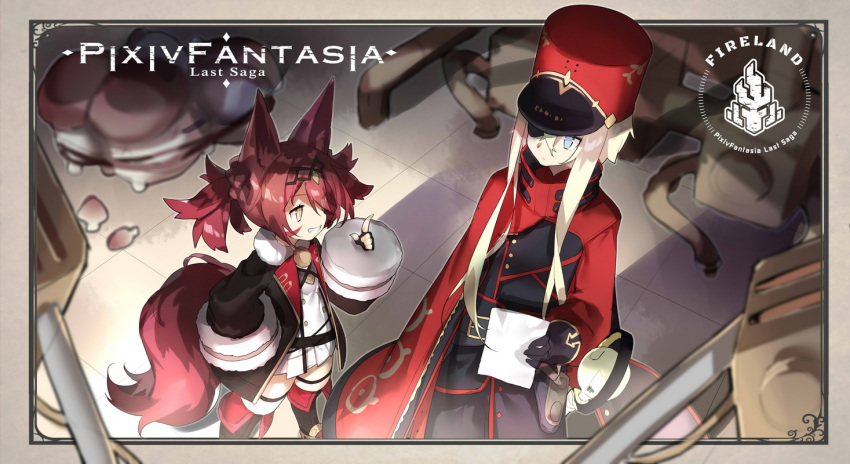 2girls animal_ears bangs blonde_hair blue_eyes blurry blurry_background eyepatch facial_mark fingerless_gloves fox_ears fox_tail from_above fur_trim gloves hair_between_eyes hair_ornament hat high_collar jacket looking_at_another multiple_girls open_clothes open_jacket pixiv_fantasia pixiv_fantasia_last_saga redhead saru short_hair short_hair_with_long_locks slit_pupils smile tail yellow_eyes