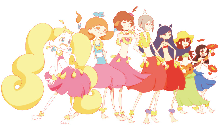 6+girls :d ahoge ankle_scrunchie arm_behind_back barefoot blue_skirt brown_eyes brown_hair contrapposto earrings flat_chest flower fumi_(hulaing_babies) glasses green_eyes green_skirt hand_on_hip hands_up hat highres hulaing_babies instrument jewelry lei long_hair midriff miku_(hulaing_babies) moe_(hulaing_babies) mona_(hulaing_babies) multiple_girls music nagisa_(hulaing_babies) official_art open_mouth orange_eyes orange_hair pink_skirt playing_instrument red_skirt scrunchie shiina_(hulaing_babies) skirt smile standing suzu_(hulaing_babies) twintails ukulele very_long_hair wrist_scrunchie yellow_hat yellow_scrunchie