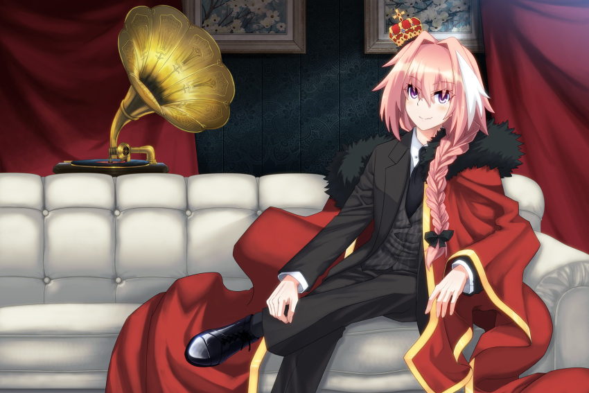 1boy alternate_costume astolfo_(fate) black_bow black_pants black_ribbon black_vest blush bow braid cape couch crown fang fate/apocrypha fate/grand_order fate_(series) formal gloves hair_intakes hair_ribbon highres jacket long_braid long_hair looking_at_viewer male_focus mini_crown necktie open_clothes open_jacket pants phonograph pink_eyes pink_hair red_cape ribbon shirt single_braid sitting smile solo striped striped_vest suit suit_jacket uiu vest white_gloves white_shirt