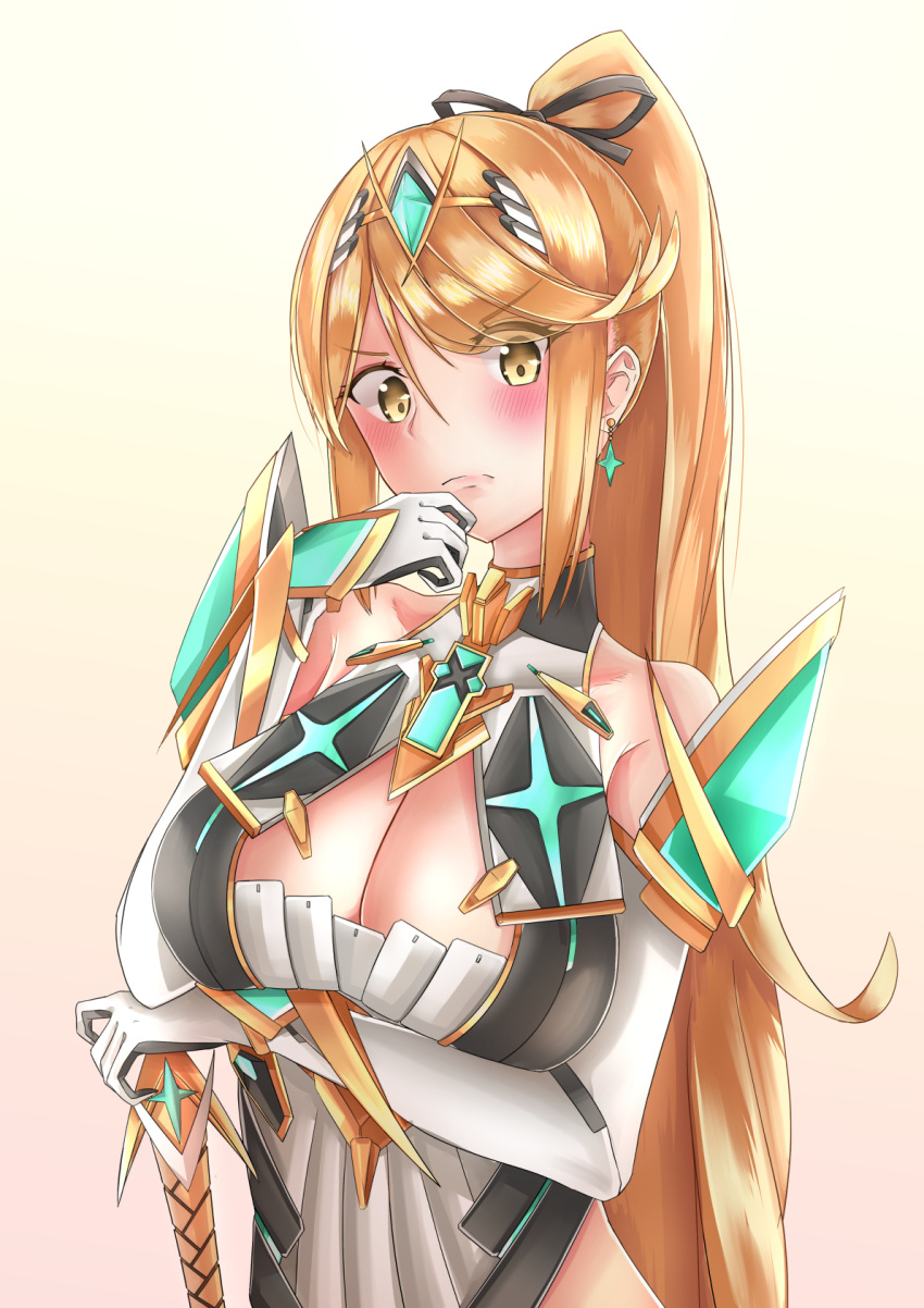 1girl alternate_hairstyle bangs bare_shoulders black_ribbon blonde_hair blush breasts cleavage cleavage_cutout closed_mouth earrings elbow_gloves eyebrows_visible_through_hair eyes_visible_through_hair frown gem gloves hair_between_eyes hair_up hand_up high_ponytail highres mythra_(xenoblade) jewelry large_breasts long_hair multicolored multicolored_clothes multicolored_gloves nintendo ponytail ribbon sarasadou_dan solo swept_bangs tiara turtleneck upper_body v-shaped_eyebrows very_long_hair xenoblade xenoblade_(series) xenoblade_2 yellow_eyes