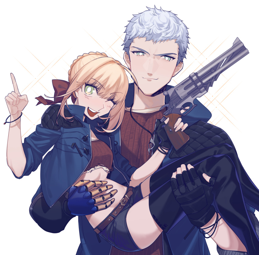 1boy 1girl black_gloves blonde_hair blue_rose_(gun) carrying crop_top cropped_jacket crossover devil_may_cry devil_may_cry_5 fate/extra fate_(series) gloves green_eyes gun highres holding jacket jewelry liangchanxingmingrixiang mechanical_arm midriff namesake necklace nero_(devil_may_cry) nero_claudius_(fate) nero_claudius_(fate)_(all) one_eye_closed pointing princess_carry shorts simple_background single_glove smile thigh-highs thighs ultra_asuka weapon white_background white_hair