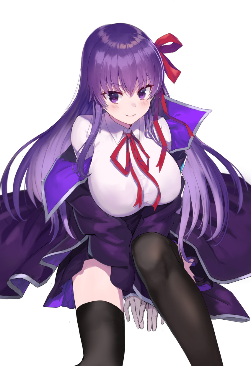 1girl bb_(fate)_(all) bb_(fate/extra_ccc) black_legwear bow breasts fate/extra fate/extra_ccc fate/grand_order fate_(series) gloves hair_ribbon highres jjeono large_breasts long_hair purple_hair ribbon sitting thigh-highs violet_eyes white_background