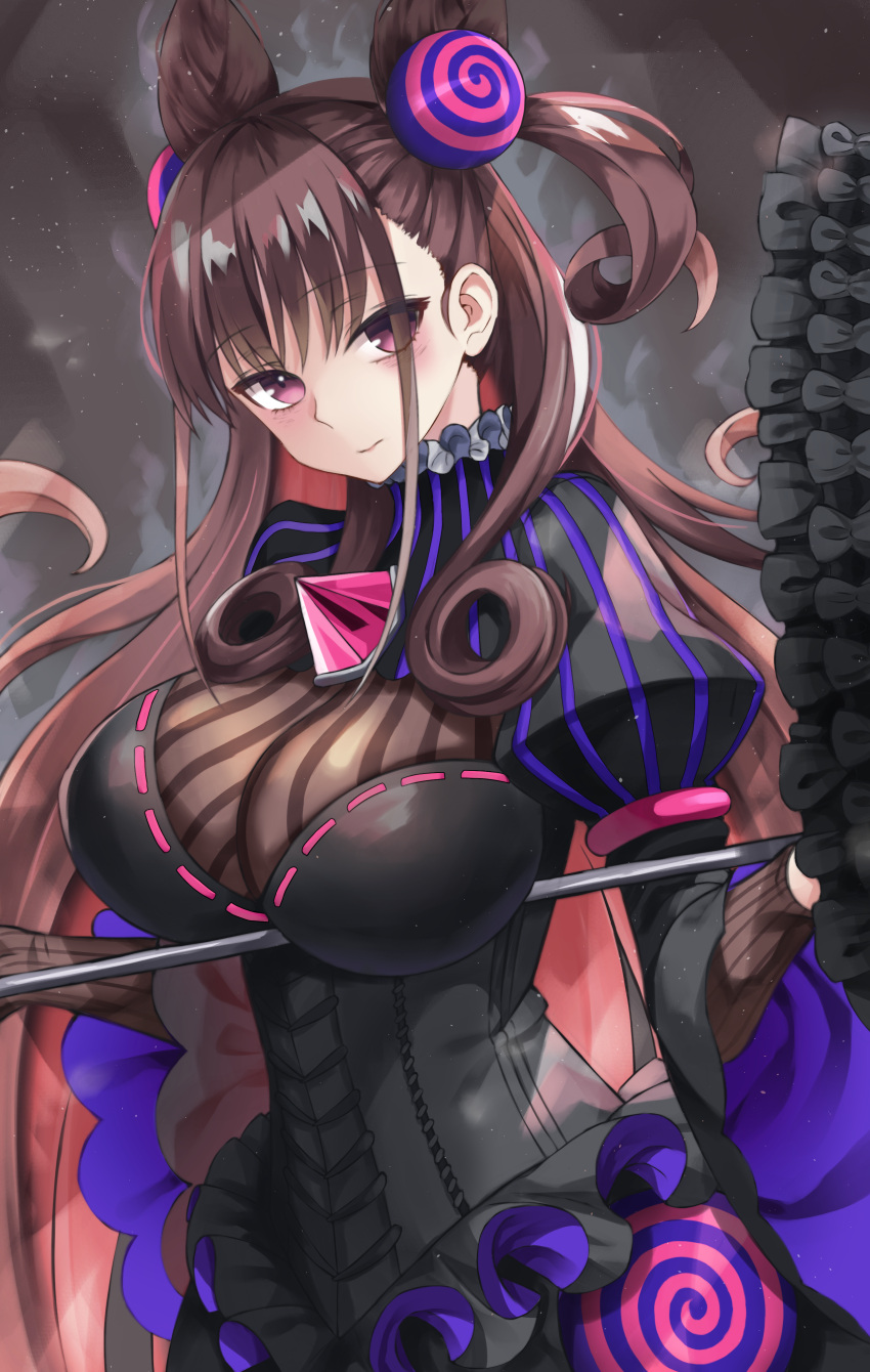 1girl 666_(ro_ro_ro3) absurdres black_dress breasts brown_hair closed_mouth double_bun dress expressionless fate/grand_order fate_(series) frills grey_background hair_ornament highres holding holding_umbrella large_breasts long_hair looking_at_viewer murasaki_shikibu_(fate) pinstripe_pattern side_ponytail solo striped umbrella upper_body violet_eyes