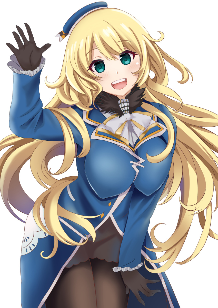 1girl atago_(kantai_collection) beret black_gloves black_skirt blonde_hair blue_hat blue_jacket blush breasts covered_nipples cowboy_shot eyebrows_visible_through_hair gloves green_eyes hair_between_eyes hat highres jacket john_manjirou_(love-love-happy21) kantai_collection large_breasts long_hair long_sleeves looking_at_viewer military military_uniform open_mouth pantyhose simple_background skirt smile solo standing teeth tongue uniform white_background white_neckwear