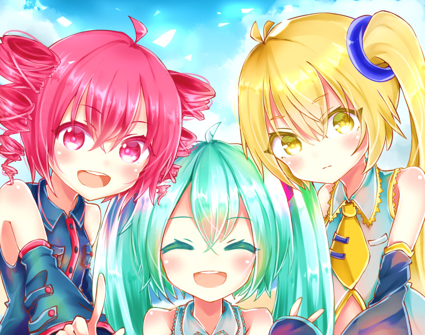 3girls akita_neru aqua_hair bare_shoulders blonde_hair blue_sky blush closed_eyes clouds cloudy_sky commentary detached_sleeves drill_hair expressionless hair_ornament hairband hatsune_miku highres index_finger_raised kasane_teto long_hair long_ponytail looking_at_viewer multiple_girls necktie ponytail red_eyes redhead shirt short_hair sky sleeveless sleeveless_shirt sleeves_past_fingers sleeves_past_wrists smile triple_baka_(vocaloid) twintails upper_body utau v vocaloid xaruex yellow_neckwear