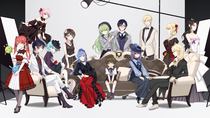 5boys 6+girls ada_(honkai_impact) ankle_ribbon aqua_eyes ascot bag bangs beige_jacket black_blouse black_footwear black_hair black_jacket black_neckwear black_ribbon black_skirt blonde_hair blouse blue_blouse blue_eyes blue_hair blue_neckwear blue_ribbon blue_vest boots bow bowtie braid breasts brown-framed_eyewear brown_eyes brown_gloves brown_hair choker cici cleavage_cutout closed_mouth collarbone collared_blouse collared_shirt couch curly_hair detached_collar detached_sleeves dress dress_lift drill_hair earrings edison_(honkai_impact) einstein_(honkai_impact) elbow_gloves elbow_on_another's_shoulder elbow_rest expressionless floating flower frills fu_hua full_body glasses gloves green_hair green_neckwear grey_coat grey_footwear grey_legwear grey_skirt grey_vest hair_ornament hair_over_shoulder hair_ribbon hairband half-closed_eyes handbag hands_together hat hat_ribbon heterochromia high-waist_skirt high_heels highres holding holding_arms holding_flower holding_handbag honkai_(series) honkai_impact_3 jacket jewelry large_breasts layered_skirt lifted_by_self light_blue_hair loafers long_dress long_hair long_skirt long_sleeves looking_at_viewer mecha medium_breasts multicolored multicolored_clothes multicolored_dress multiple_boys multiple_girls nail_polish necklace necktie nikola_tesla_(honkai_impact) off-shoulder_dress off_shoulder official_art open_clothes open_jacket open_mouth otto_apocalypse pants pantyhose pink_hair planck ponytail puffy_short_sleeves puffy_sleeves purple_flower purple_hair purple_rose purple_shirt reanna_brigantia red-framed_eyewear red_eyes red_footwear red_lips red_nails red_neckwear red_ribbon redhead ribbon rose schrodinger_(honkai_impact) shirt shoes short_hair short_sleeves shorts side_drill sidelocks sitting skirt smile socks standing strapless strapless_dress stud_earrings suspender_shorts suspenders tied_hair twintails veil very_long_hair vest violet_eyes walter_young welt_joyce white_choker white_dress white_footwear white_gloves white_jacket white_legwear white_pants wide_sleeves zhangheng