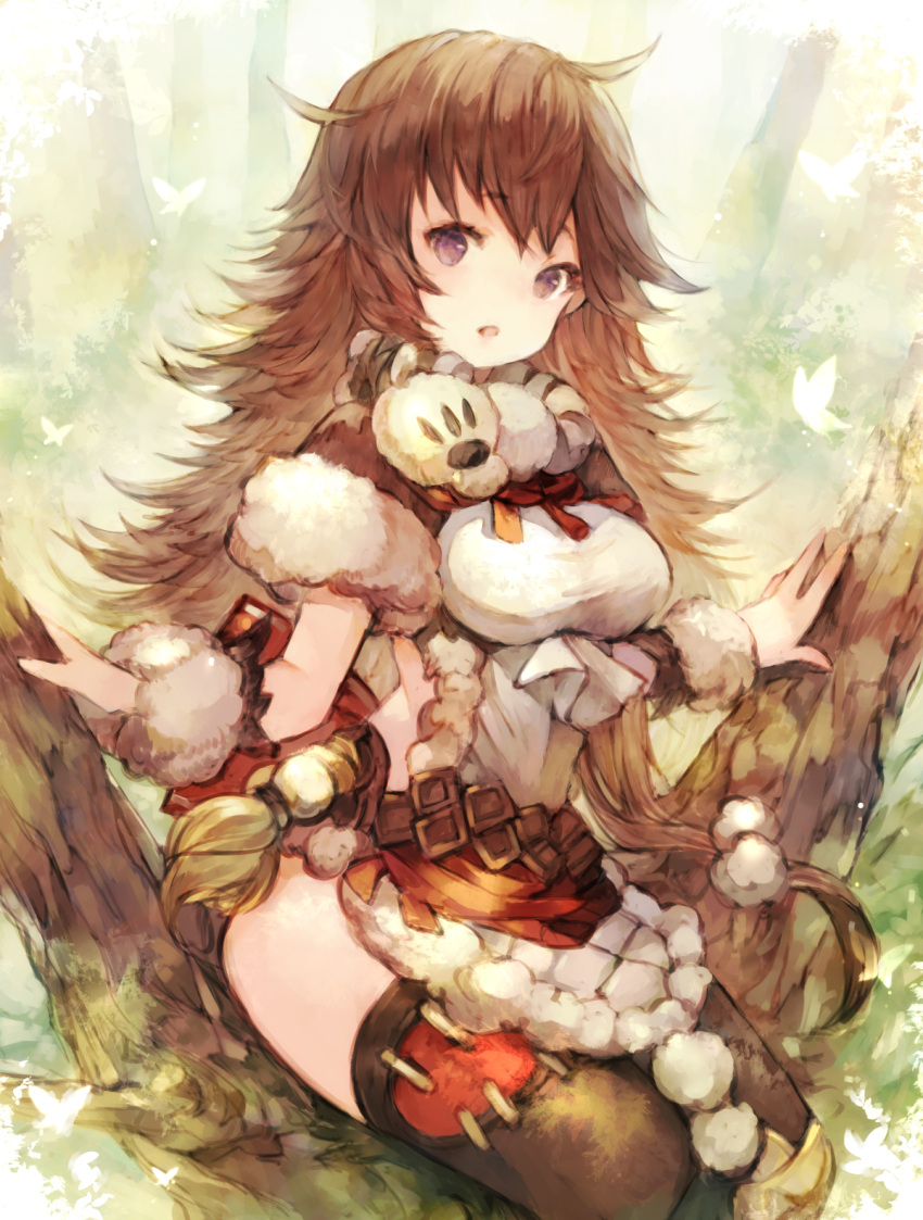 1girl ahoge back_bow backless_outfit bangs belt bow breasts brown_hair bug butterfly capelet chestnut_mouth chobi_(sakuyasakuhana) commentary_request cravat day fur-trimmed_capelet fur-trimmed_collar fur-trimmed_dress fur-trimmed_sleeves fur_trim glowing_butterfly grimms_notes highres in_tree insect looking_at_viewer medium_breasts messy_hair nature open_mouth outdoors patchwork_clothes paw_print red_bow red_capelet sitting sitting_in_tree solo thigh-highs thighs tree violet_eyes