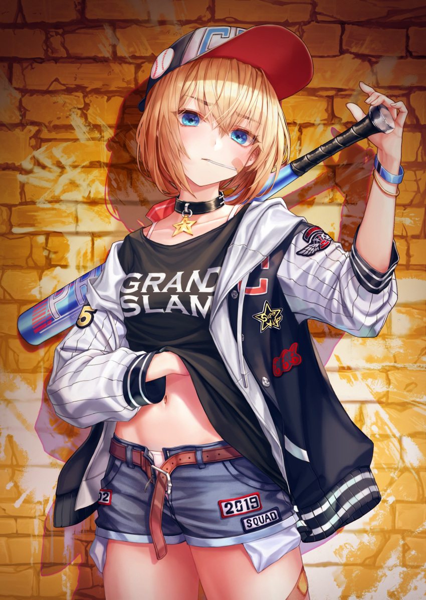 1girl absurdres bandaid bandaid_on_face bandaid_on_leg bangs baseball_bat baseball_cap belt black_choker black_jacket black_shirt blonde_hair blue_eyes bra_strap brick_wall buttons choker chyopeuteu clothes_writing collarbone cowboy_shot denim denim_shorts drawstring exposed_pocket hair_between_eyes hand_up hat head_tilt highres holding_baseball_bat hood hood_down hooded_jacket jacket long_sleeves looking_at_viewer mouth_hold navel off_shoulder open_clothes open_fly open_jacket original panties shadow shirt shirt_lift short_hair short_shorts shorts solo standing star stick stomach thighs underwear white_panties wristband