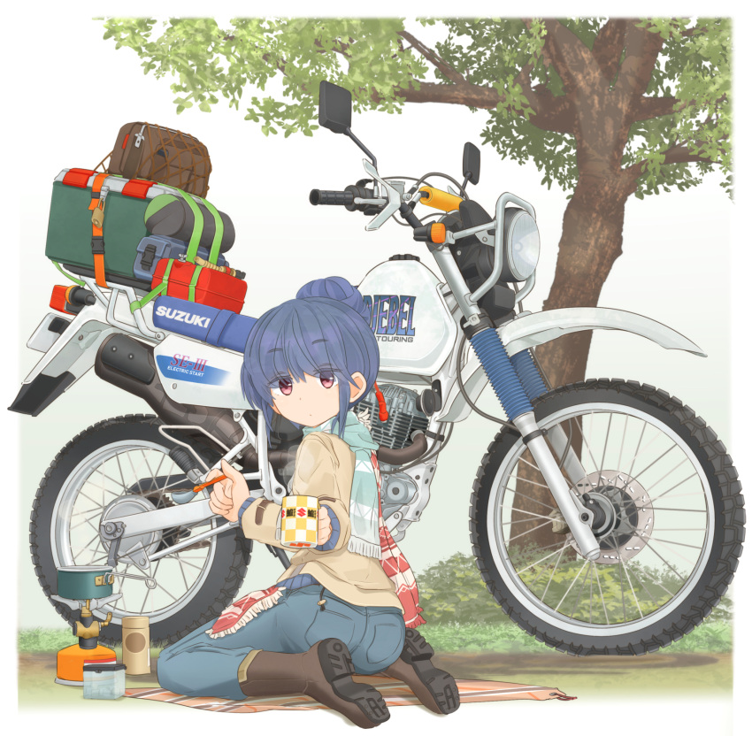 1girl blue_hair boots commentary_request cup denim eyebrows_visible_through_hair eyes_visible_through_hair ground_vehicle hair_bun highres holding ichigotofu jeans kneeling motor_vehicle motorcycle pants portable_stove scarf shima_rin solo suzuki tree yurucamp