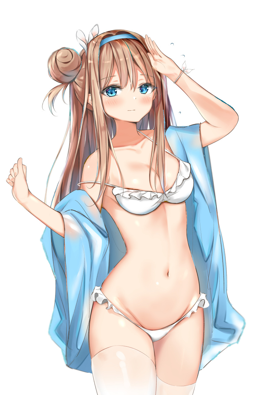 1girl absurdres bare_shoulders bikini blue_eyes blue_jacket blush breasts brown_hair bunny_hair_ornament cleavage closed_mouth collarbone cowboy_shot frilled_bikini frills girls_frontline groin hair_bun hair_intakes hair_ornament hairband hand_up highres jacket long_hair looking_at_viewer medium_breasts navel off_shoulder open_clothes open_jacket salute sashima side_bun sidelocks simple_background solo standing stomach strap_slip suomi_kp31_(girls_frontline) swimsuit thigh-highs white_background white_bikini white_legwear