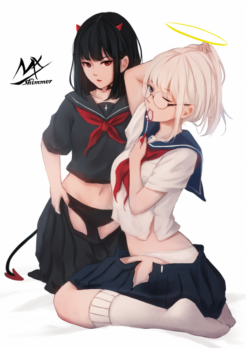 2girls black_hair black_panties black_sailor_collar black_serafuku black_skirt blue_eyes blue_sailor_collar blue_skirt breasts closed_mouth collarbone demon_horns dressing glasses hair_tie hair_tie_in_mouth halo high_ponytail highres horns kneehighs kneeling light_brown_hair long_hair medium_breasts mouth_hold multiple_girls navel neckerchief one_eye_closed open_clothes open_shirt original panties parted_lips pleated_skirt ponytail red_eyes red_neckwear round_eyewear sailor_collar school_uniform serafuku shimmer shirt short_sleeves signature sitting skirt skirt_pull tying_hair underwear wariza white_legwear white_panties white_shirt