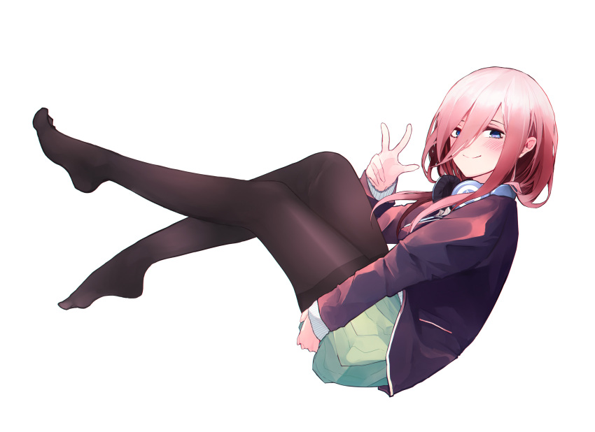 1girl absurdres black_legwear blazer blue_eyes blush closed_mouth from_side go-toubun_no_hanayome green_skirt hair_between_eyes headphones headphones_around_neck highres jacket legs_up long_hair long_sleeves looking_at_viewer miniskirt nakano_miku pantyhose pink_hair pleated_skirt purple_jacket school_uniform shiliuye_feiyu simple_background sitting skirt smile solo thighband_pantyhose v white_background