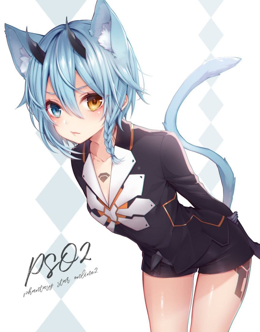 1girl animal_ear_fluff animal_ears arms_behind_back bangs black_gloves black_jacket black_shorts blue_eyes blue_hair blush braid cat_ears cat_tail chest_tattoo collared_jacket commentary_request copyright_name fang gloves hair_between_eyes heterochromia highres horns io_(pso2) jacket kemonomimi_mode leaning_forward lips looking_at_viewer phantasy_star phantasy_star_online_2 ripu_(sherypton) short_hair short_shorts shorts single_braid solo standing tail tail_raised tattoo thigh_tattoo yellow_eyes