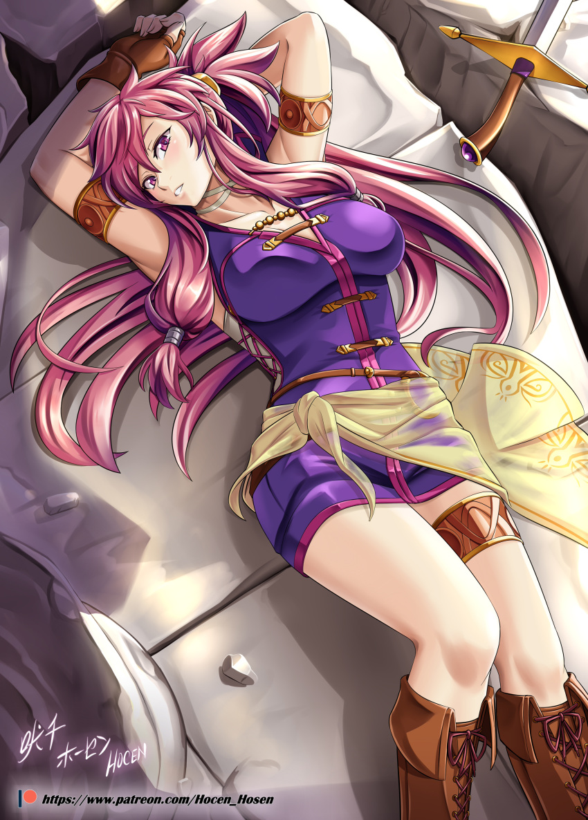1girl absurdres armband armpits arms_up artist_name boots breasts brown_footwear brown_gloves collarbone cross-laced_footwear dress fingerless_gloves fire_emblem fire_emblem:_seima_no_kouseki gloves highres large_breasts leather leather_gloves long_hair looking_at_viewer lying marica_(fire_emblem) nintendo on_back parted_lips patreon_username ponytail purple_hair rock sash short_dress sidelocks signature smile solo sword thigh_strap thighs vilde_loh_hocen violet_eyes watermark weapon web_address