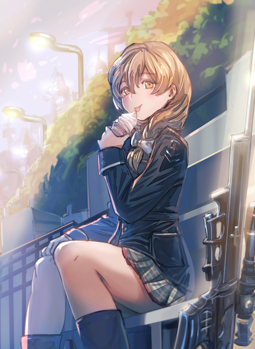 1girl blazer blue_jacket bow_(bhp) brown_eyes brown_hair eyebrows eyebrows_visible_through_hair food highres holding_ice_cream_cone ice_cream ice_cream_cone jacket lamppost military military_uniform original outdoors pleated_skirt sitting skirt solo uniform