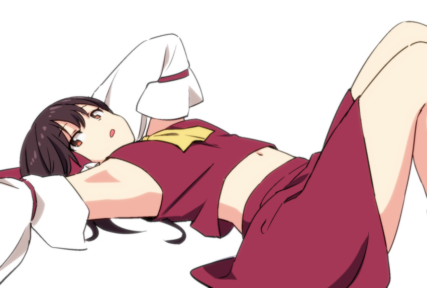 1girl armpits arms_up ascot bangs black_hair bow breasts brown_eyes commentary_request crop_top detached_sleeves eyebrows_visible_through_hair feet_out_of_frame hair_bow hair_tubes hakurei_reimu knees_up leon_(mikiri_hassha) long_hair long_sleeves looking_at_viewer lying midriff navel on_back parted_lips red_bow red_skirt skirt skirt_set small_breasts solo thighs touhou wide_sleeves yellow_neckwear